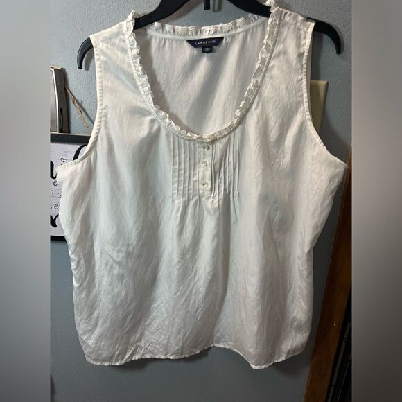 Land's End Sleeveless White Ruffle Blouse Size 14 Petite Swiss/ Baulmole - Picture 1 of 9